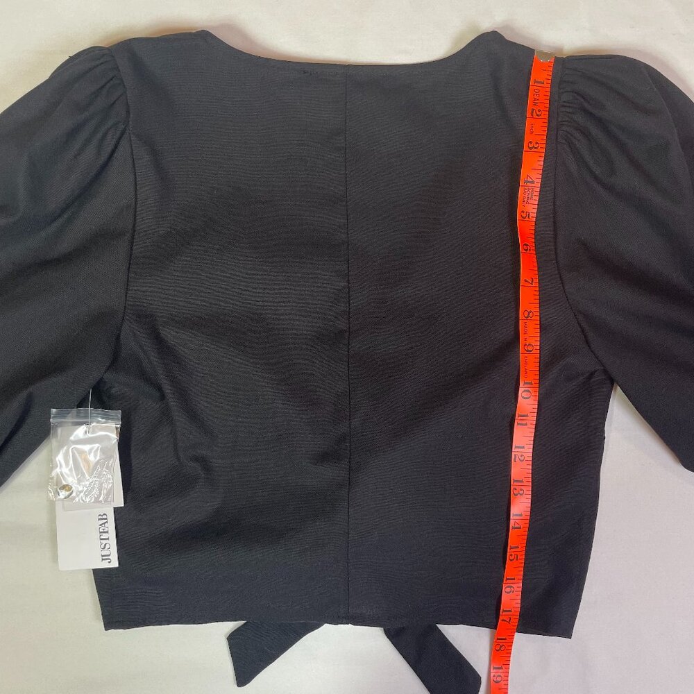 JustFab Puff Sleeve Tie Front Top Crop Top Blouse Black Linen Blend Size M - Picture 9 of 13